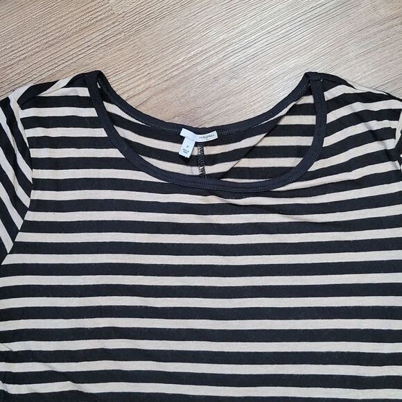 🔺️Halogen Black & Tan Striped Linen Blend Short Sleeve Top Medium - Picture 3 of 8